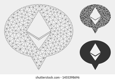 Mesh Ethereum banner balloon model with triangle mosaic icon. Wire frame polygonal mesh of Ethereum banner balloon. Vector collage of triangle elements in different sizes and color hues.