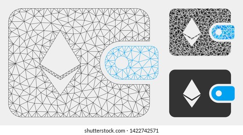 Mesh Ethereum billfold model with triangle mosaic icon. Wire carcass triangular mesh of Ethereum billfold. Vector mosaic of triangle elements in different sizes and color tints.