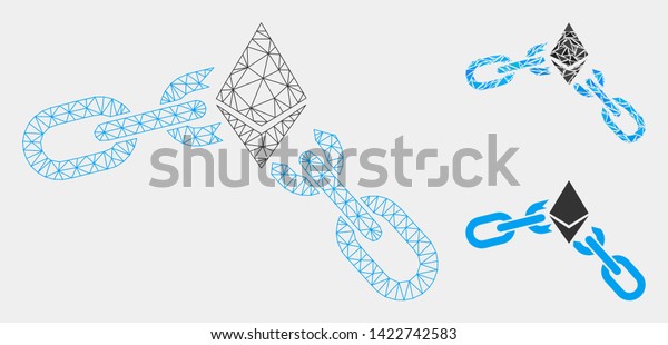 Mesh
Ethereum broken chain model with triangle mosaic icon. Wire carcass
polygonal network of Ethereum broken chain. Vector mosaic of
triangle elements in various sizes and color
hues.