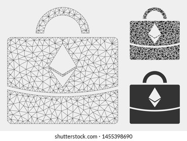 Mesh Ethereum business case model with triangle mosaic icon. Wire frame polygonal network of Ethereum business case. Vector mosaic of triangle parts in variable sizes and color tints.