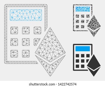 Mesh Ethereum calculator model with triangle mosaic icon. Wire carcass triangular mesh of Ethereum calculator. Vector mosaic of triangle elements in variable sizes and color shades.