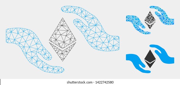 Mesh Ethereum care hands model with triangle mosaic icon. Wire frame polygonal mesh of Ethereum care hands. Vector composition of triangle elements in different sizes and color hues.