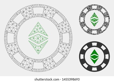 Mesh Ethereum casino chip model with triangle mosaic icon. Wire frame polygonal mesh of Ethereum casino chip. Vector mosaic of triangle elements in different sizes and color tints.