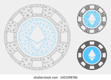 Mesh Ethereum casino chip model with triangle mosaic icon. Wire carcass polygonal network of Ethereum casino chip. Vector mosaic of triangle elements in various sizes and color hues.