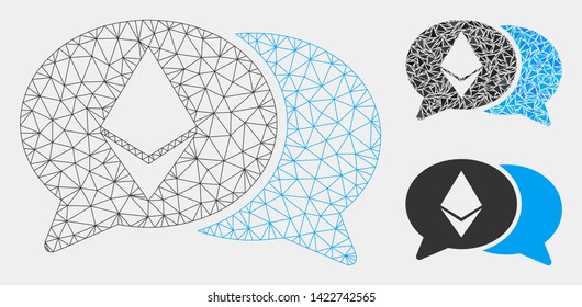 Mesh Ethereum chat model with triangle mosaic icon. Wire carcass polygonal mesh of Ethereum chat. Vector mosaic of triangle elements in different sizes and color tints. Abstract 2d mesh Ethereum chat,