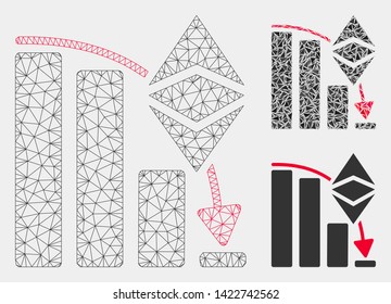Mesh Ethereum classic falling chart model with triangle mosaic icon. Wire carcass triangular network of Ethereum classic falling chart.