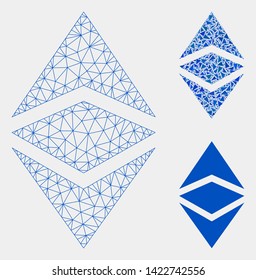Mesh Ethereum classic model with triangle mosaic icon. Wire carcass triangular mesh of Ethereum classic. Vector mosaic of triangle parts in different sizes and color shades.
