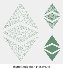 Mesh Ethereum classic model with triangle mosaic icon. Wire frame polygonal mesh of Ethereum classic. Vector mosaic of triangle elements in variable sizes and color hues.