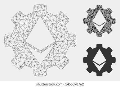 Mesh Ethereum cog wheel model with triangle mosaic icon. Wire frame triangular mesh of Ethereum cog wheel. Vector mosaic of triangle parts in variable sizes and color hues.