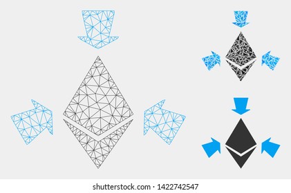 Mesh Ethereum collect arrows model with triangle mosaic icon. Wire frame triangular mesh of Ethereum collect arrows. Vector mosaic of triangle parts in different sizes and color tints.