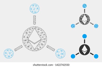 Mesh Ethereum connections model with triangle mosaic icon. Wire frame polygonal mesh of Ethereum connections. Vector mosaic of triangle parts in various sizes and color tints.