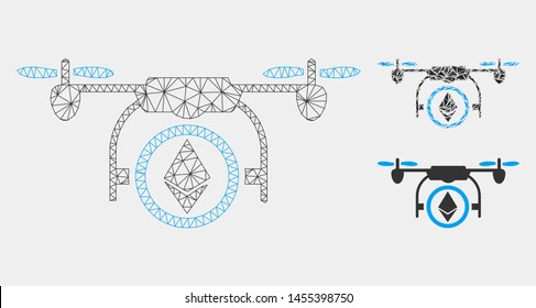 Mesh Ethereum copter model with triangle mosaic icon. Wire carcass polygonal mesh of Ethereum copter. Vector mosaic of triangle elements in various sizes and color tones.