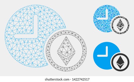 Mesh Ethereum credit clock model with triangle mosaic icon. Wire frame polygonal mesh of Ethereum credit clock. Vector composition of triangle parts in different sizes and color hues.