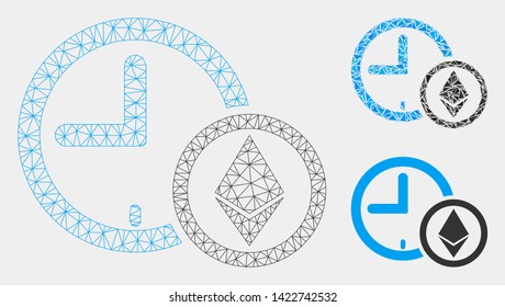 Mesh Ethereum credit clock model with triangle mosaic icon. Wire frame triangular mesh of Ethereum credit clock. Vector mosaic of triangle elements in variable sizes and color shades.