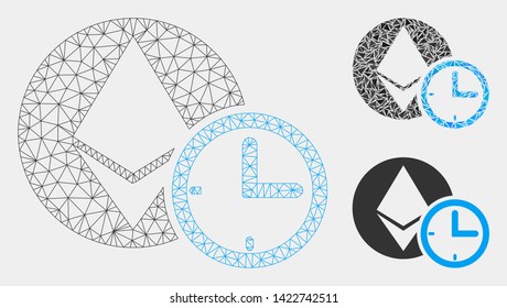 Mesh Ethereum credit time model with triangle mosaic icon. Wire frame triangular mesh of Ethereum credit time. Vector mosaic of triangles in different sizes and color tones.