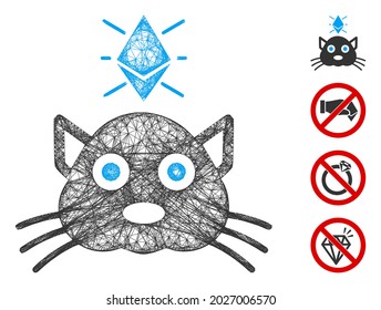 Mesh Ethereum crypto kitty web icon vector illustration. Carcass model is based on Ethereum crypto kitty flat icon. Mesh forms abstract Ethereum crypto kitty flat model.