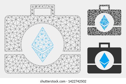 Mesh Ethereum crystal case model with triangle mosaic icon. Wire frame triangular network of Ethereum crystal case. Vector mosaic of triangle parts in variable sizes and color hues.
