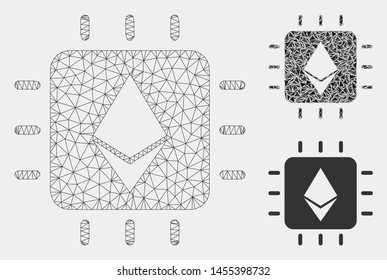 Mesh Ethereum crystal chip model with triangle mosaic icon. Wire carcass triangular mesh of Ethereum crystal chip. Vector collage of triangle parts in different sizes and color shades.