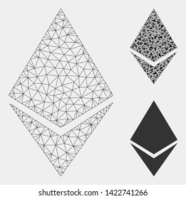 Mesh Ethereum crystal model with triangle mosaic icon. Wire carcass polygonal mesh of Ethereum crystal. Vector mosaic of triangle parts in various sizes and color shades.