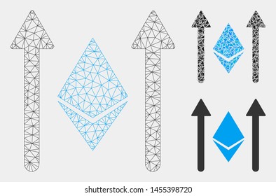 Mesh Ethereum crystal send arrows model with triangle mosaic icon. Wire carcass triangular mesh of Ethereum crystal send arrows. Vector composition of triangle parts in variable sizes and color tones.