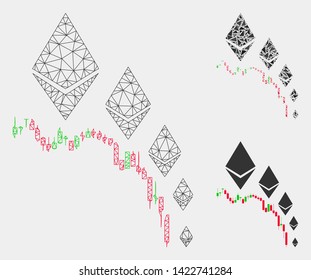 Mesh Ethereum deflation chart model with triangle mosaic icon. Wire frame polygonal mesh of Ethereum deflation chart. Vector composition of triangle elements in different sizes and color shades.