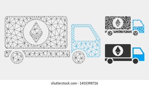 Mesh Ethereum delivery lorry model with triangle mosaic icon. Wire frame polygonal network of Ethereum delivery lorry. Vector mosaic of triangle elements in different sizes and color shades.