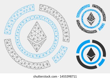 Mesh Ethereum diagram model with triangle mosaic icon. Wire carcass polygonal mesh of Ethereum diagram. Vector mosaic of triangle elements in variable sizes and color tones.