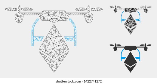 Mesh Ethereum drone model with triangle mosaic icon. Wire carcass polygonal mesh of Ethereum drone. Vector mosaic of triangle parts in various sizes and color tints. Abstract 2d mesh Ethereum drone,