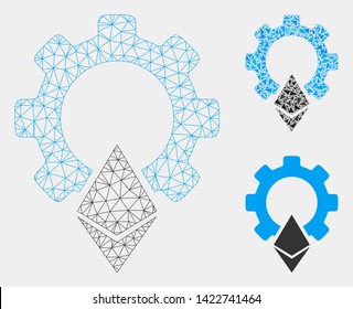 Mesh Ethereum gear model with triangle mosaic icon. Wire carcass polygonal mesh of Ethereum gear. Vector collage of triangle parts in various sizes and color tinges. Abstract flat mesh Ethereum gear,