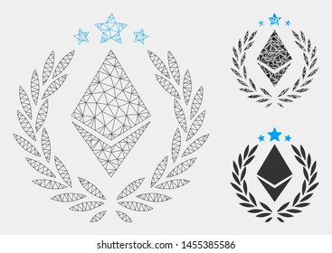 Mesh Ethereum laurel wreath model with triangle mosaic icon. Wire frame polygonal mesh of Ethereum laurel wreath. Vector composition of triangle parts in variable sizes and color shades.