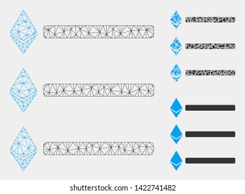 Mesh Ethereum list model with triangle mosaic icon. Wire frame triangular mesh of Ethereum list. Vector mosaic of triangle elements in various sizes and color tints. Abstract flat mesh Ethereum list,