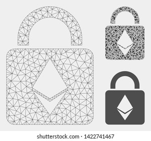Mesh Ethereum lock model with triangle mosaic icon. Wire frame triangular mesh of Ethereum lock. Vector mosaic of triangle elements in variable sizes and color hues. Abstract flat mesh Ethereum lock,