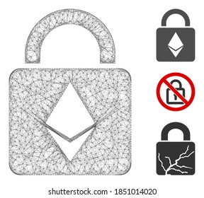 Mesh Ethereum lock polygonal web icon vector illustration. Carcass model is based on Ethereum lock flat icon. Triangular network forms abstract Ethereum lock flat carcass.