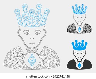 Mesh Ethereum lord model with triangle mosaic icon. Wire carcass triangular mesh of Ethereum lord. Vector composition of triangle elements in various sizes and color tones.
