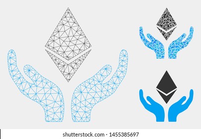 Mesh Ethereum maintenance hands model with triangle mosaic icon. Wire carcass polygonal mesh of Ethereum maintenance hands. Vector mosaic of triangles in different sizes and color tints.