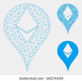 Mesh Ethereum map marker model with triangle mosaic icon. Wire frame polygonal mesh of Ethereum map marker. Vector collage of triangle parts in various sizes and color tones.