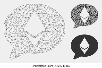 Mesh Ethereum message balloon model with triangle mosaic icon. Wire frame polygonal network of Ethereum message balloon. Vector mosaic of triangle parts in different sizes and color tinges.