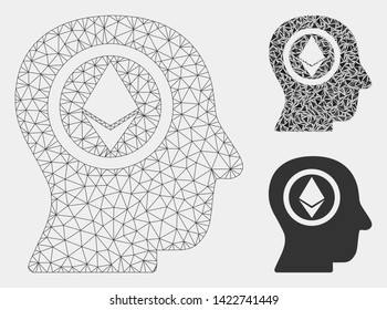 Mesh Ethereum mind head model with triangle mosaic icon. Wire frame polygonal mesh of Ethereum mind head. Vector mosaic of triangles in various sizes and color shades.