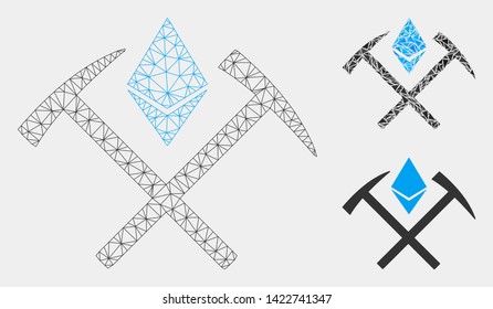 Mesh Ethereum mining hammers model with triangle mosaic icon. Wire frame polygonal mesh of Ethereum mining hammers. Vector mosaic of triangle parts in variable sizes and color tints.