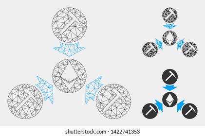 Mesh Ethereum mining pool model with triangle mosaic icon. Wire carcass triangular mesh of Ethereum mining pool. Vector mosaic of triangle elements in various sizes and color hues.