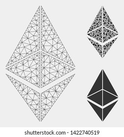 Mesh Ethereum model with triangle mosaic icon. Wire frame triangular network of Ethereum. Vector mosaic of triangle elements in variable sizes and color tinges. Abstract 2d mesh Ethereum,