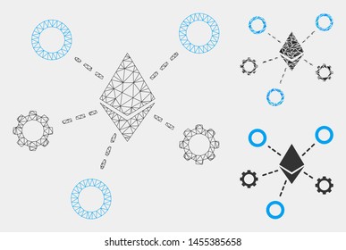 Mesh Ethereum network nodes model with triangle mosaic icon. Wire frame polygonal mesh of Ethereum network nodes. Vector mosaic of triangle parts in different sizes and color tinges.