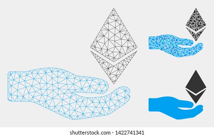 Mesh Ethereum offer hand model with triangle mosaic icon. Wire frame polygonal network of Ethereum offer hand. Vector mosaic of triangle elements in variable sizes and color tinges.