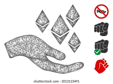 Mesh Ethereum offer hand web icon vector illustration. Carcass model is based on Ethereum offer hand flat icon. Mesh forms abstract Ethereum offer hand flat model.