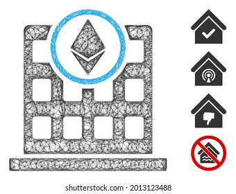 Mesh Ethereum office web 2d vector illustration. Carcass model is based on Ethereum office flat icon. Mesh forms abstract Ethereum office flat model.