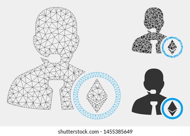 Mesh Ethereum operator manager model with triangle mosaic icon. Wire carcass polygonal mesh of Ethereum operator manager. Vector composition of triangles in variable sizes and color tints.