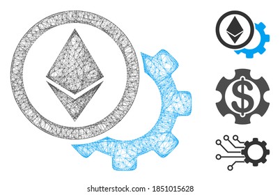 Mesh Ethereum options cogwheel polygonal web symbol vector illustration. Model is based on Ethereum options cogwheel flat icon. Triangle mesh forms abstract Ethereum options cogwheel flat model.