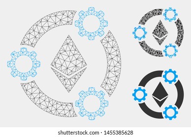 Mesh Ethereum pool collaboration model with triangle mosaic icon. Wire frame triangular mesh of Ethereum pool collaboration. Vector mosaic of triangles in different sizes and color tints.