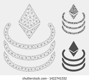 Mesh Ethereum portal model with triangle mosaic icon. Wire frame triangular mesh of Ethereum portal. Vector mosaic of triangle parts in variable sizes and color tints.