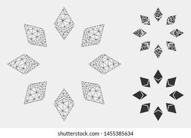 Mesh Ethereum radial model with triangle mosaic icon. Wire frame polygonal mesh of Ethereum radial. Vector composition of triangle parts in variable sizes and color tinges.